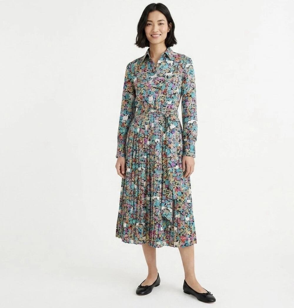New JCrew Pleated Midi Shirt Dress Size 0 Grazing Goats Floral Print Whimsical